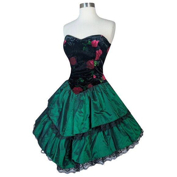 Vintage 80s CORSET Rose Floral Black Velvet Strapless Green Prom Party Dress S